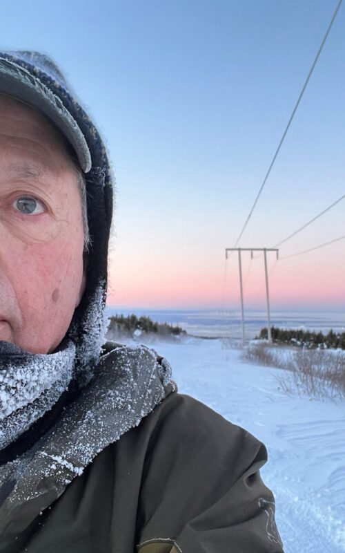 Charlie Sink - AK Humans in Forestry (2) Charlie Sink wearing winter gear stands in a snowy landscape with frost on his face and clothing. The sky is a soft gradient of pink and blue, indicating sunrise or sunset. Power lines stretch into the distance, and a forested area can be seen in the background.
