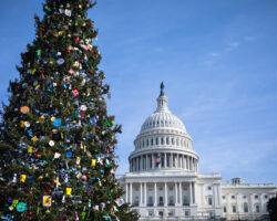 United States Capitol Building in Washington, DC,with festive, decorated Christmas Tree on a sunny Day with blue Sky